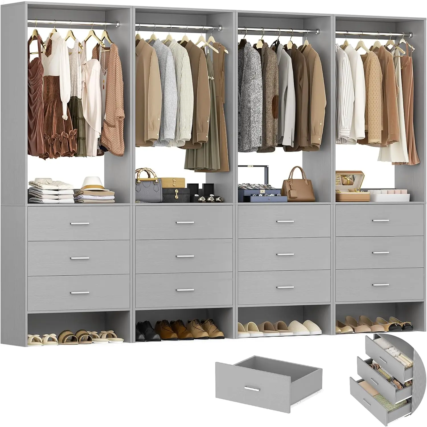 7.2FT Closet Organizer System, 4 Set Wardrobe Storage Shelf with Hanging Rod & Drawers, Bedroom Walk-in, Grey, Customized