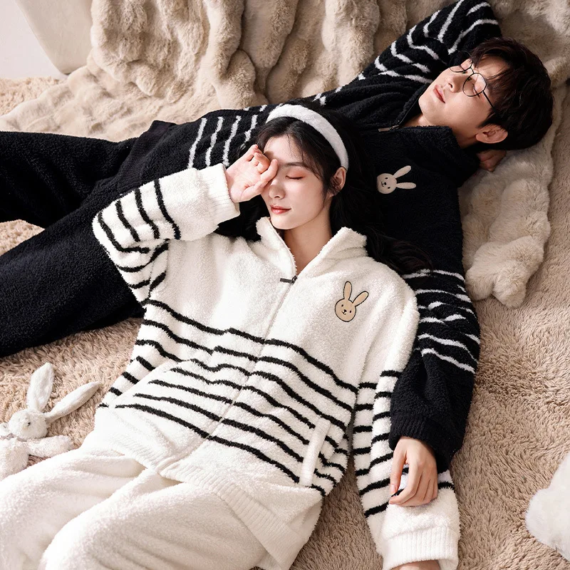 Winter Couple Pajamas Thickened Warm Loungewear Set Coral Fleece Long-Sleeved Cardigan Can Be Worn Outside Flannel Men Pijamas