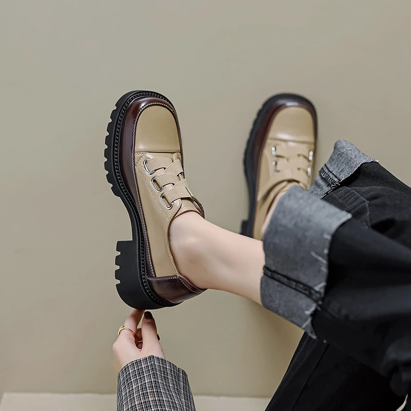 

Women's new spring and autumn leather cowhide lace up high heels, thick soled retro plus size loafers, casual single shoes