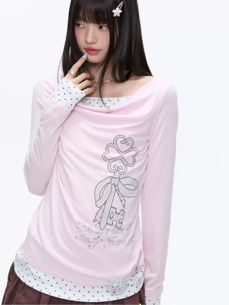 Chic Patchwork Sweet T Shirt Women Fall Long Sleeve Slim Cute Print Tees Casual Design Female Fashion Preppy Style Dot Tops New