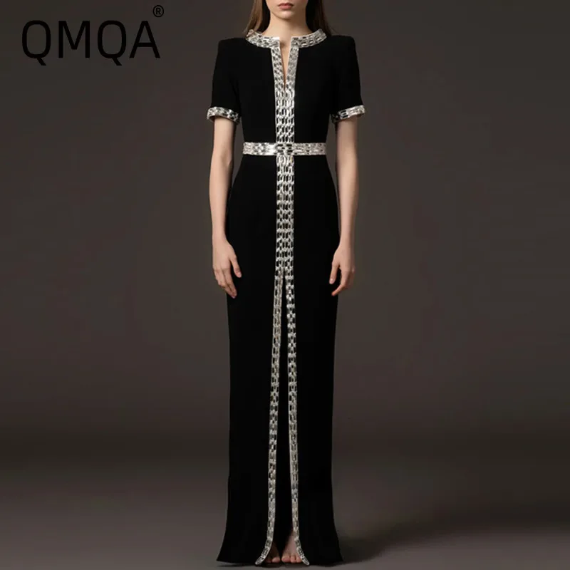 

QMQA Fashion Women's Evening Dress Spliced Bead Diamond Short Sleeve High Waist Elegant Maxi Dresses 2025 New Clothing QM635