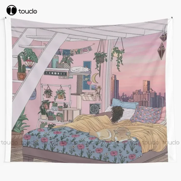Tapiz de puesta de sol para habitación de dulces sueños, tapiz estético Shiba, gato, perro, colgante de pared para sala de estar, dormitorio, decoración del hogar