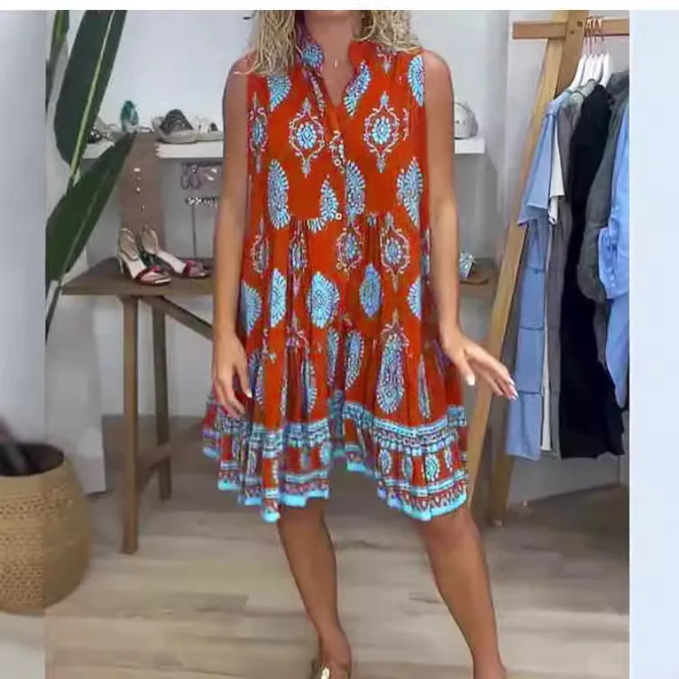 

Loose Comfortable Casual Women's Dress Shirt Collar Sleeveless Fashion Print Mid To Long Summer Dress