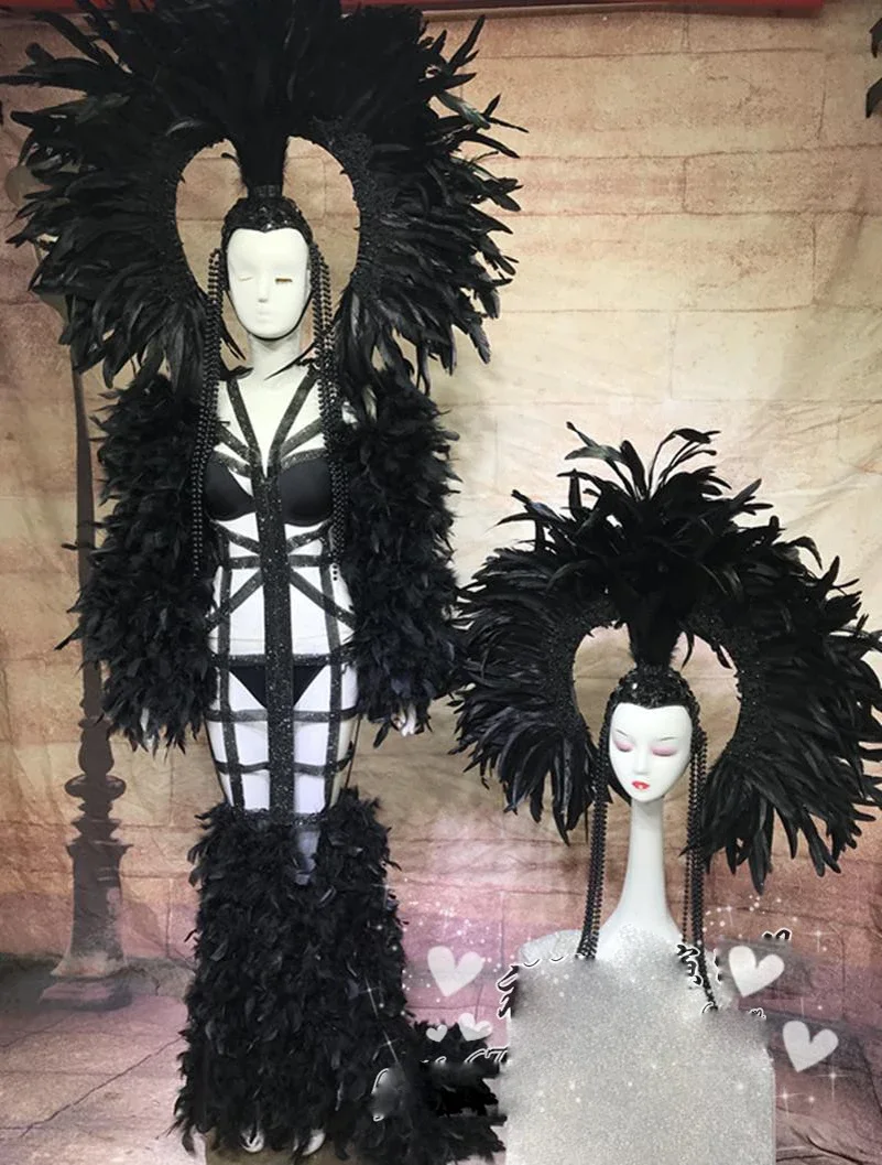 New  hollow tail skirt gogo commercial stage costumes black white feather headdress