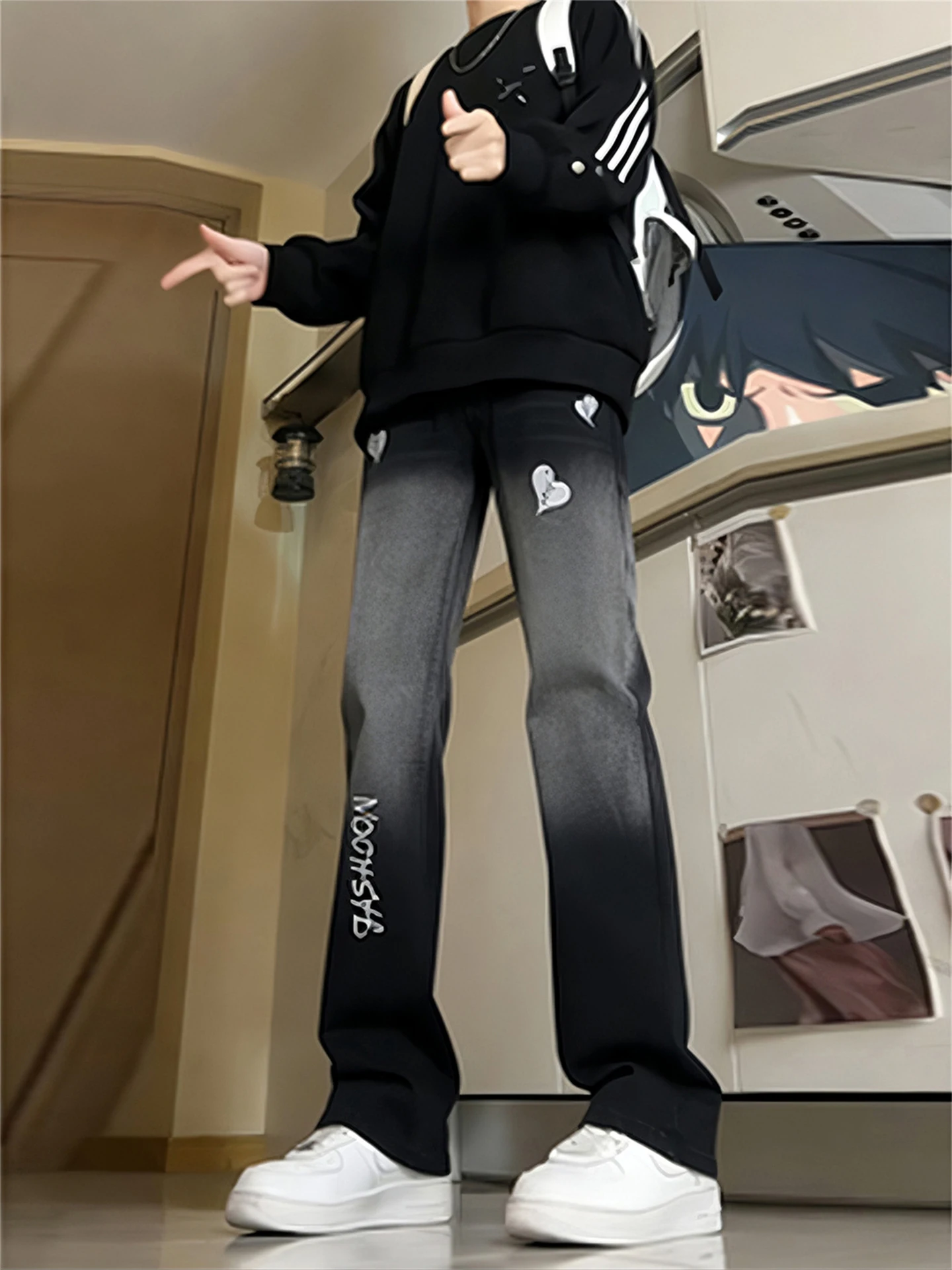 

Мужские джинсы с высокой талией, вышивкой, на флисовой подкладке, расклешенные, прямого кроя, удлиненные, в американском уличном стиле, повседневные