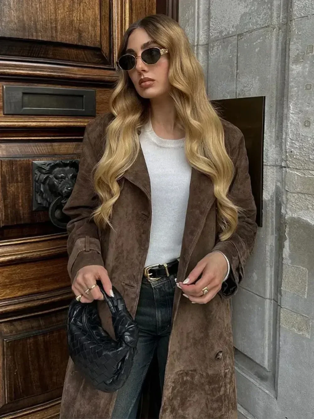 Chic Lapel Long Sleeve Double-breasted Windbreaker Autumn Lady Fashion Brown Women Imitation Deer Fur Coat High Street Outwear