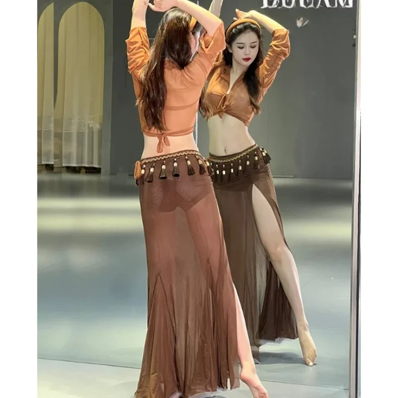 Belly Dancing Training Clothing for Women\'s Long Sleeved Mesh Top+Split Long Skirt Oriental Dance Professional Practice Clothes
