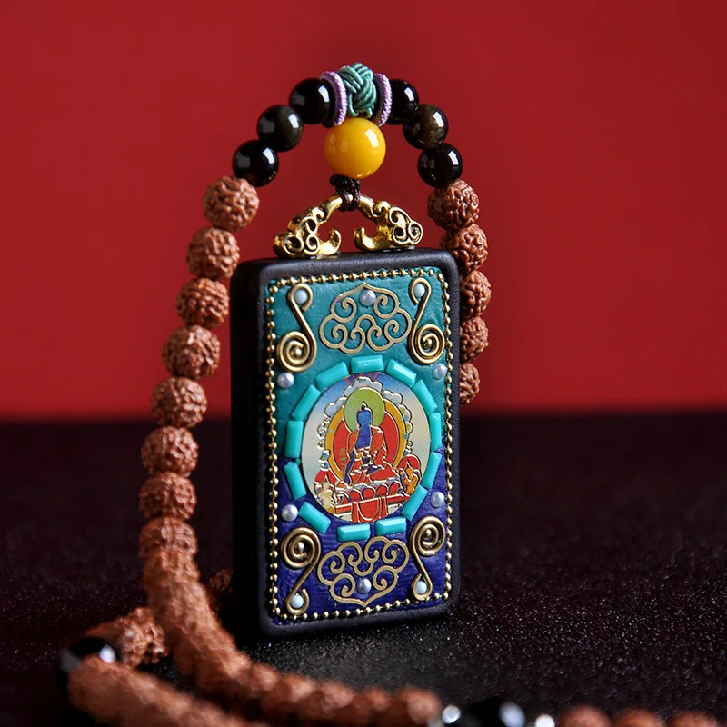 Handmade Necklace Fortune Huang God Wealth Medicine Master Buddha Elephant God Pendant Woolen Chain Sandalwood Thangka Pendant
