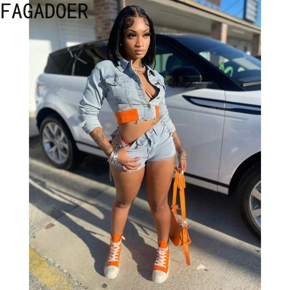 FAGADOER Fashion Y2K Denim Shorts Two Piece Sets Women Turndown Collar Long Sleeve Button Crop Top+Bandage Hollow Shorts Outfits