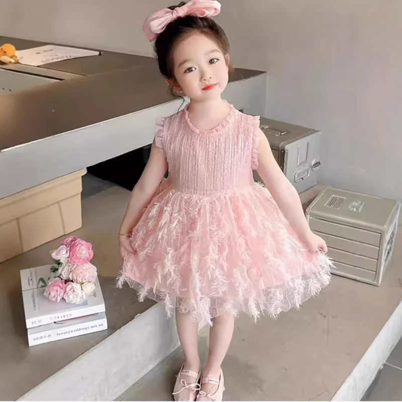 In-stock delivery of girls' sequin feather mesh dress2026Summer new stylish and fashionable princess dress for baby girls