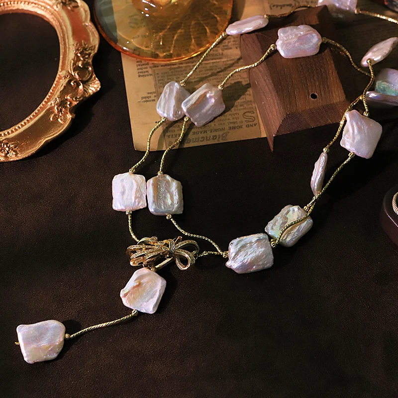 

Белый жемчуг в стиле барокко, цепочка для свитера с бантом, инкрустация цирконом, роскошное ожерелье для банкета, свадьбы, женские украшения GN0568A