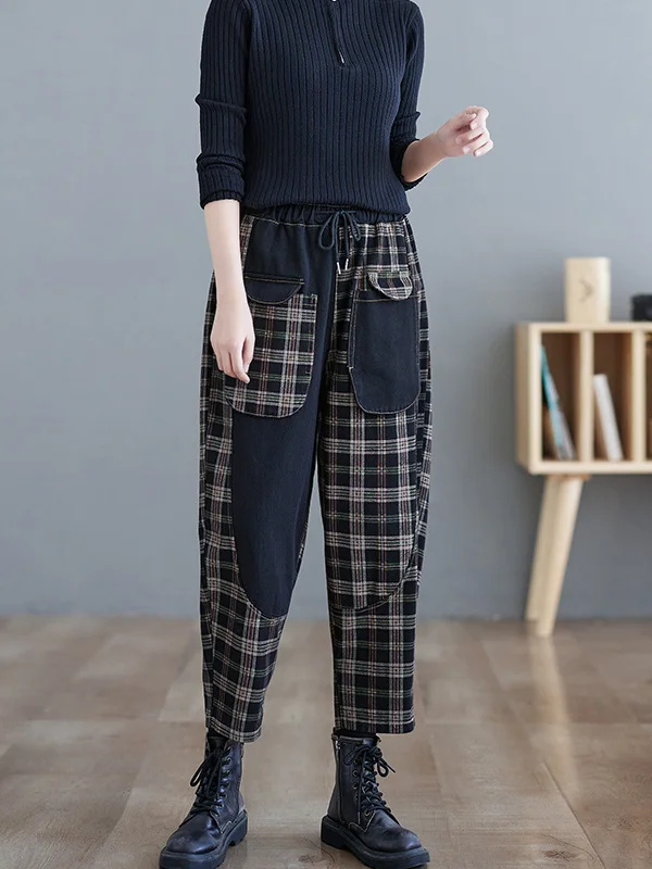 الرجعية المرقعة الدنيم سراويل تقليدية المرأة عالية الخصر مرونة الخصر منقوشة هارلان السراويل الطويلة الخريف جديد Sle ارتداء مقاومة