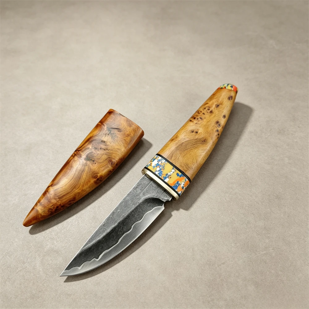 White Shadow Wood Handle Fixed Blade Knife, Composite Steel Blade Outdoor Camping Hiking Hunting Survival EDC Cutting Tool