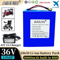 36V 30Ah 18650 10S8P A-class lithium battery pack, 1500W built-in BMS, suitable for various energy storage backup+42V 2A Charger