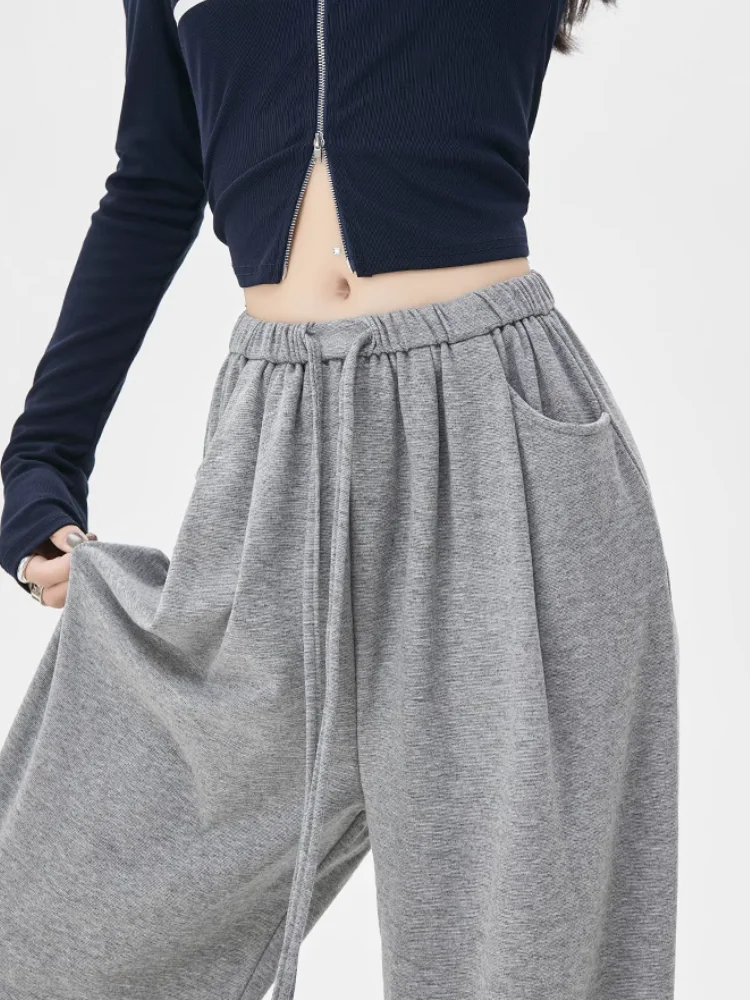 Calça de perna larga feminina, calça casual de cintura alta, streetwear coreano, arroz glutinoso solto, primavera, outono