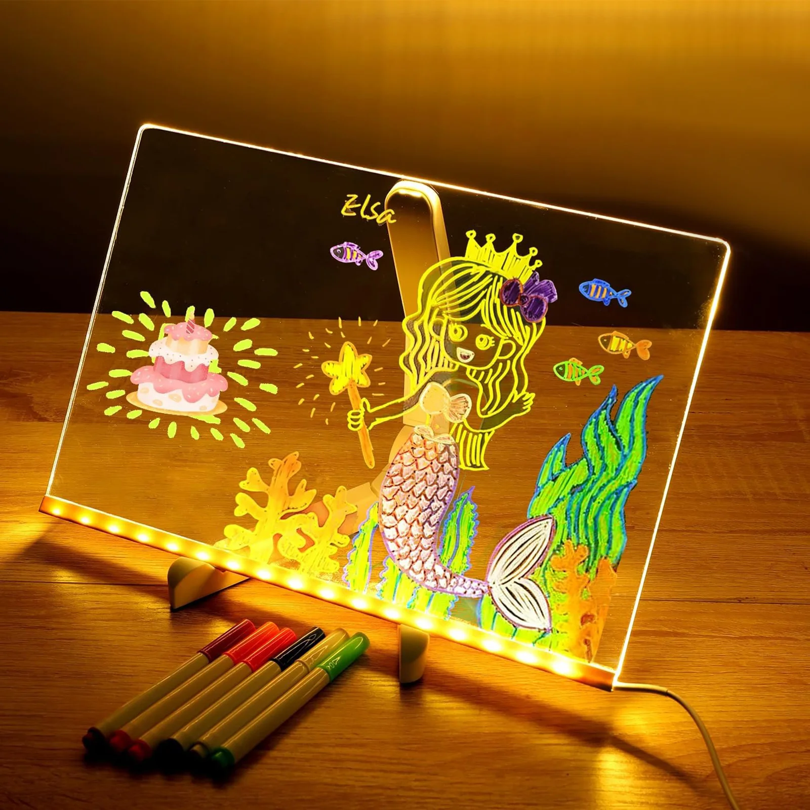 Led Note Board With Night Light Colorful 7 Pens Diy Acrylic Message Board Children‘s Drawing Board For Kids Birthday Gift