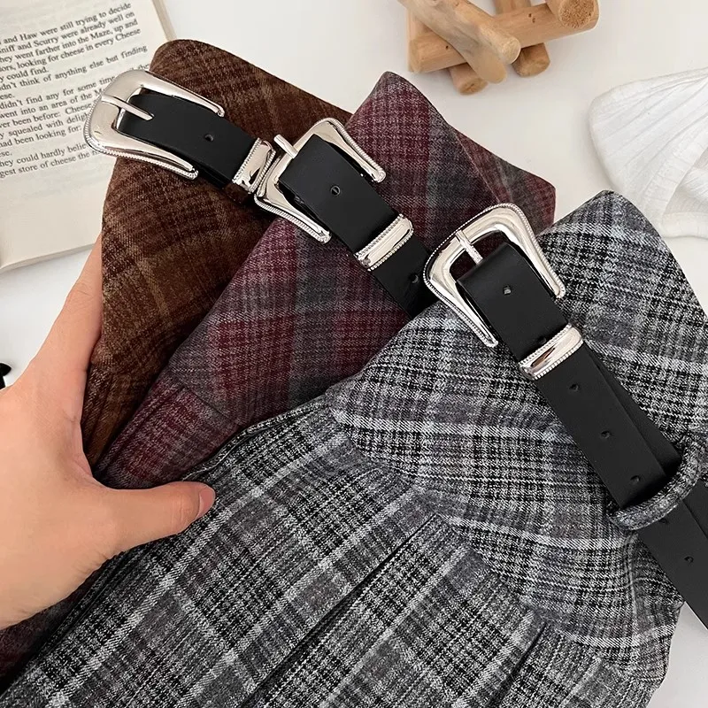 Outono inverno xadrez mini saia com shorts embutidos com cinto de lã grossa boxy plissado saia xadrez feminino adolescente-menina roupa formal