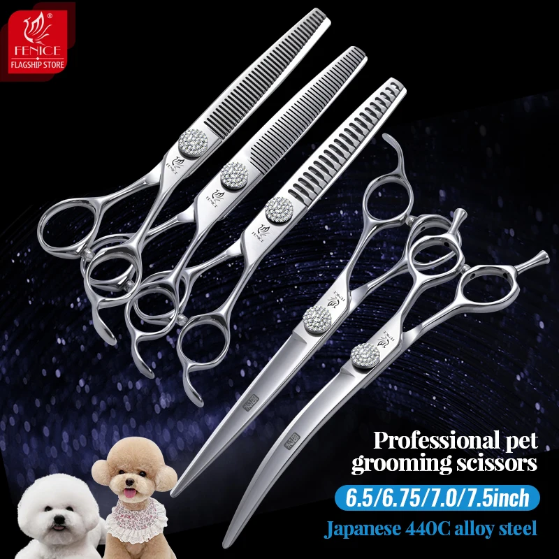 

Fenice Dog Scissors Set 6/6.75/7/7.5 Inch Pet Scissors For Dog Grooming Straight&Thinner&Curved&Chunker Grooming Shears Set