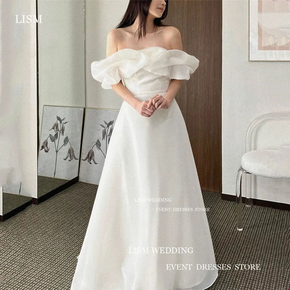 

LISM Simple Off Shoulder Wedding Dress Photo Shoot Organza Tulle Ruffles Formal 프롬드레스 Short Sleeves Floor Length Prom Gowns