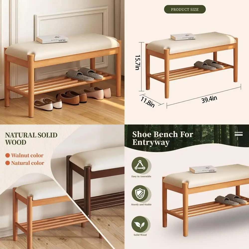 

Natural 2-Tier Solid Wood Shoe Storage Bench with Cushion for Entranceway