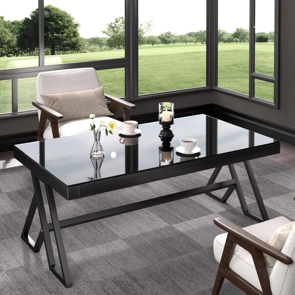 Tempered Glass Tea Table Coffee Table Cocktail Desk Table - Modern Steel Triangular Legs Living Room Desk Decor -