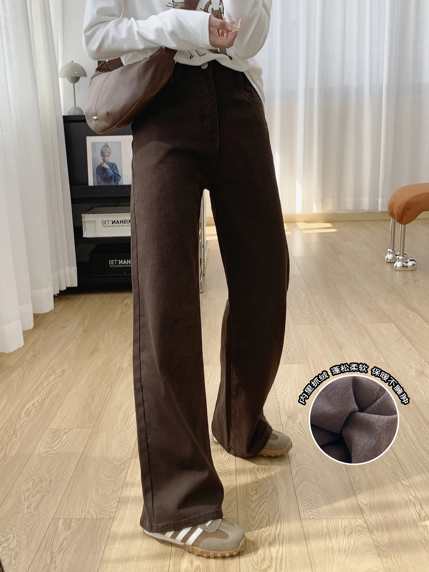 

Женские джинсы с высокой талией, на подкладке, из денима, свободного кроя, прямые, зимние, теплые, хлопковые, на молнии, повседневные