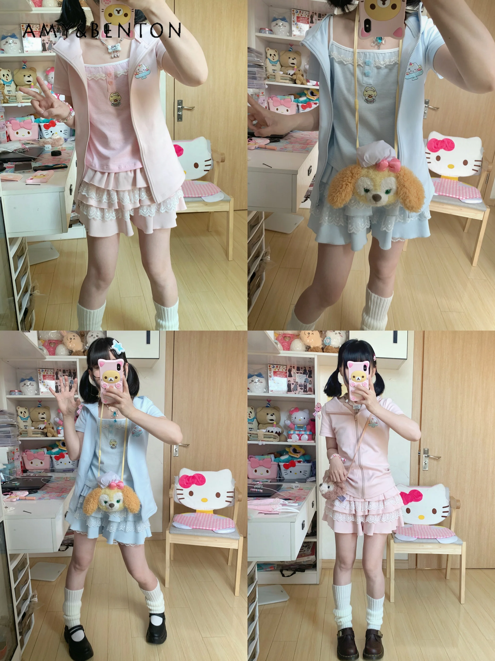 Kawaii Cartoon Print Cute Rabbit Ears Hooded Short-sleeved Zipper Top Mini Skirt Two-piece Set Women Summer Subculture Outfits