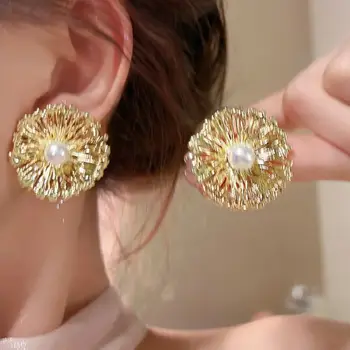誇張金屬花朵珍珠耳環,女士時尚金色鏤空圓形氣質耳環,珠寶派對禮物 6 最佳銷售 新娘耳環 - №5