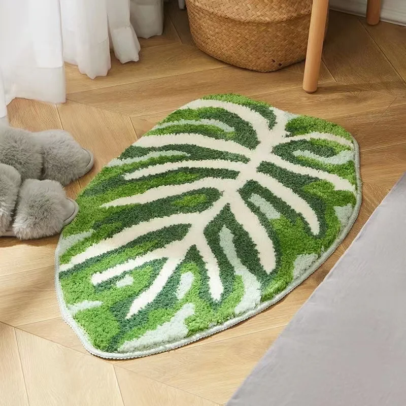 

Plant Monstera Tufted Rug Irregular Plush Tropical Leaf Area Rug for Living Room Bathroom Green Monstera Fluffy Bath Floor Mat