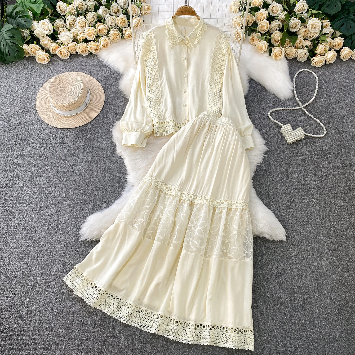

Summer Lace Skirt Two-piece Set Lapel Single Breasted Long Sleeved Shirt Floral Pattern Patchwork Skirts Suit French Women Sets