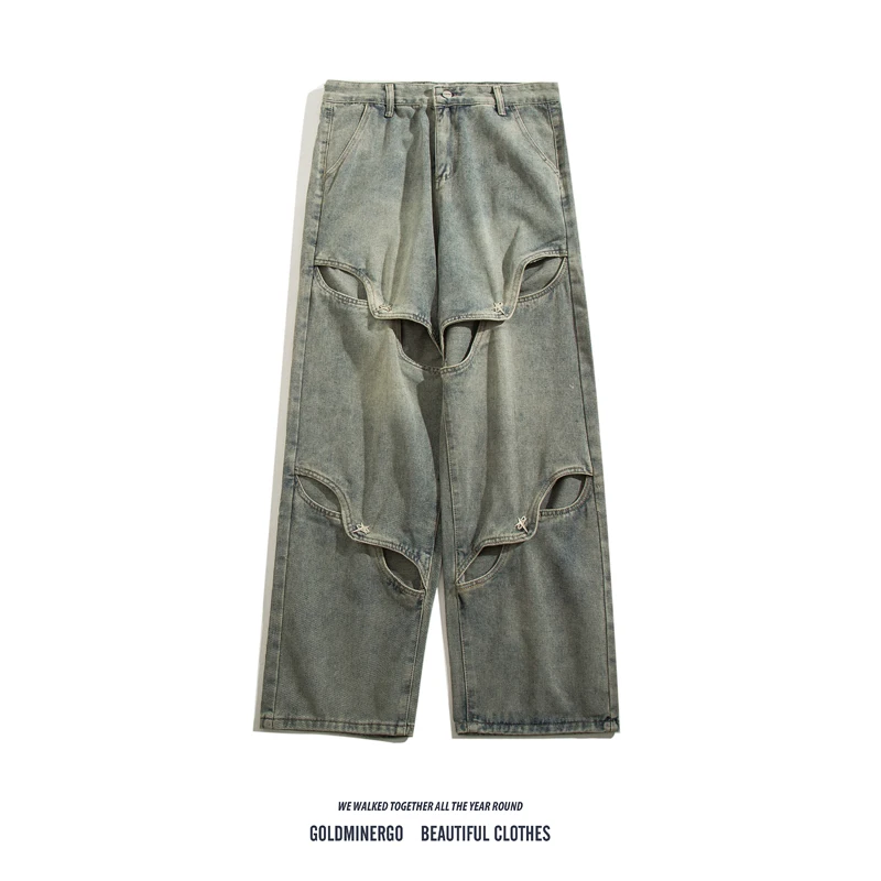 

Metallic Deconstructed Wide Leg Jeans Men Women Heavy Embroidery Hollow out Loose Straight Cut Denim Pants Casual Faion