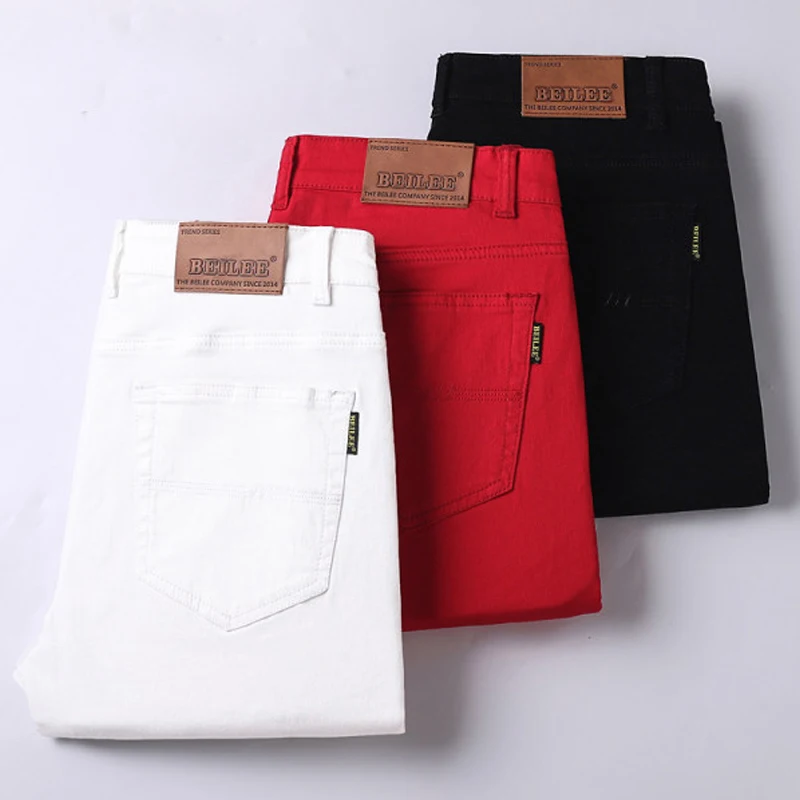 

Spring Autumn Men's Five Colors Stretch Regular Fit Jeans Classic Style Business Casual Cotton Slim Pants Men's Brand Pink