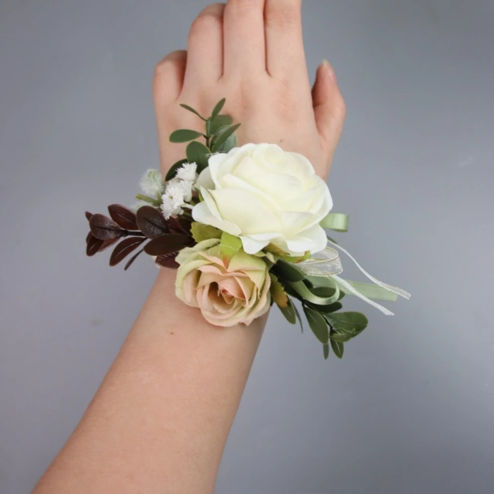 Мужские бутоньерки цвета слоновой кости, зеленые листья, жемчужный корсаж на запястье, свадебная вечеринка, аксессуары Boda Fiesta