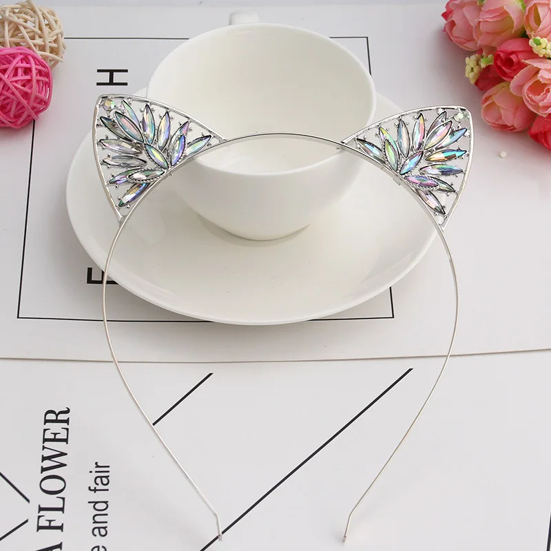 Double Layer Rhinestone Cat's Ears Headbands Dance Party Women Hair Accessories Korea Cute Crystal Cat Girl Hair Bands Wholesale