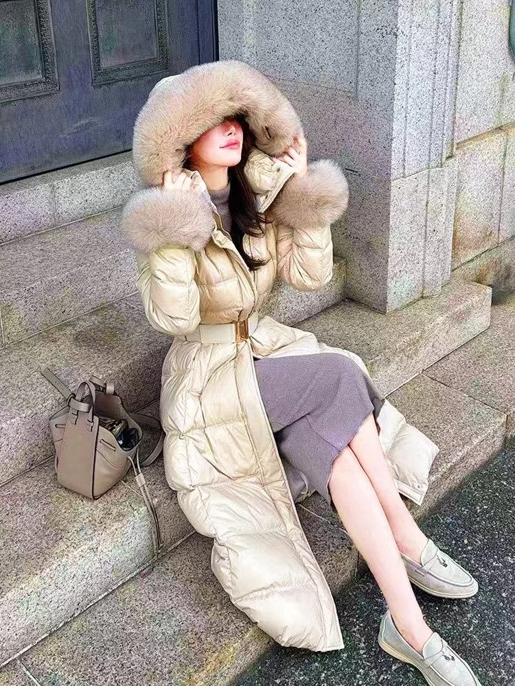 

Winter Thiened Long Hooded down Jaet Women's Removable Fur Collar Commuter Sle Korean Version Fce Lined Coat