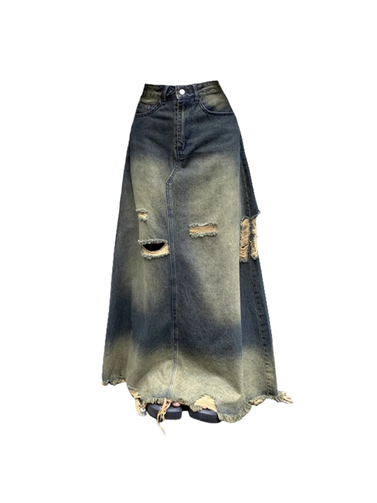 

Sweet Style Basic A-Line Denim Skirt Autumn Office Lady American Retro Jean Skirts Female Sexy High Waist Ripped Hole Hip Hop