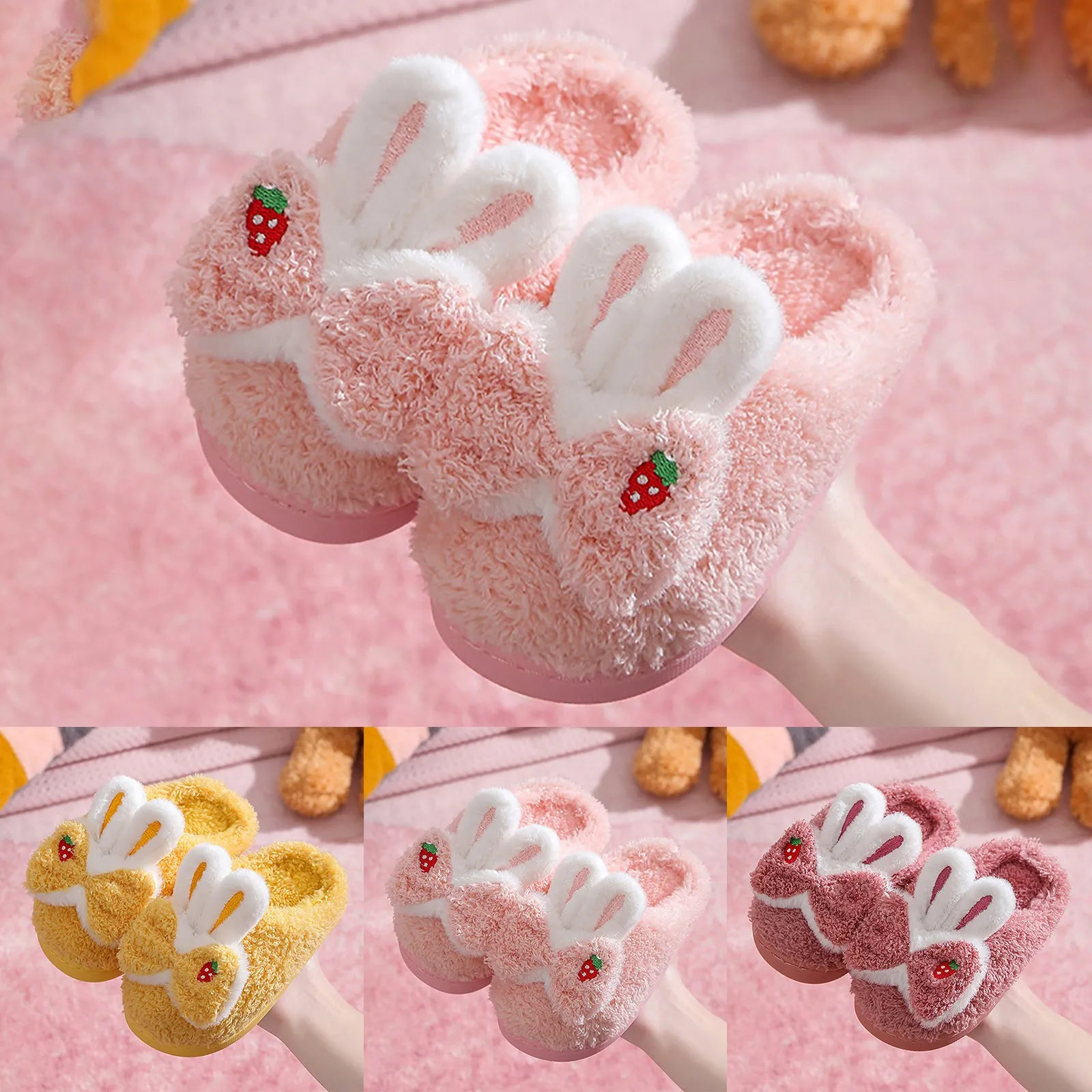 Children's Cotton Slippers Princess Warm Kids Winter Bow Rabbit Cartoon Indoor Furry Shoes Little Girl Soft Bottom Home Shoes