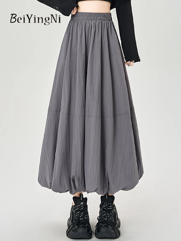 Beiyingni New Fashion Women's Bud A-line Skirts White Purple Elastic Waist Midi Long Skirt Kawaii All-match Street Jupes Faldas