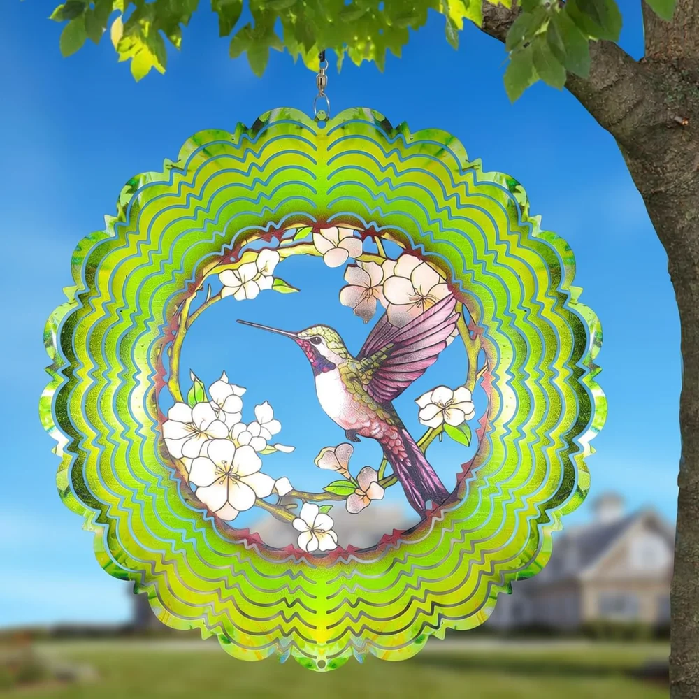 Decorative Hummingbird Wind Spinner Stainless Steel Hanging Ornament Outdoor Garden Yard Kinetic Art Reflective