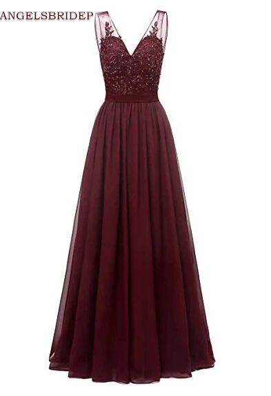 

ANGELSBRIDEP Cap-Shoulder Long Evening Party Gowns Vestidos De Festa Fashion Applique Beading Chiffon Formal Bridesmaid Dresses