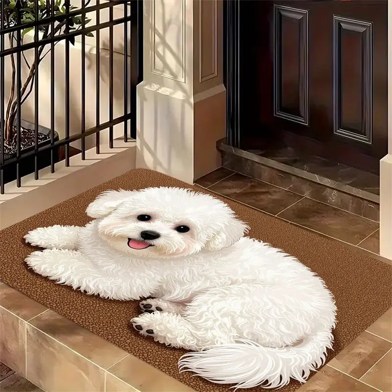 VIKAMA Cute Bichon Frise Doormat White Fluffy Puppy Non Slip Entryway Mat Washable Front Door Porch Rug for Entryway Home Decor