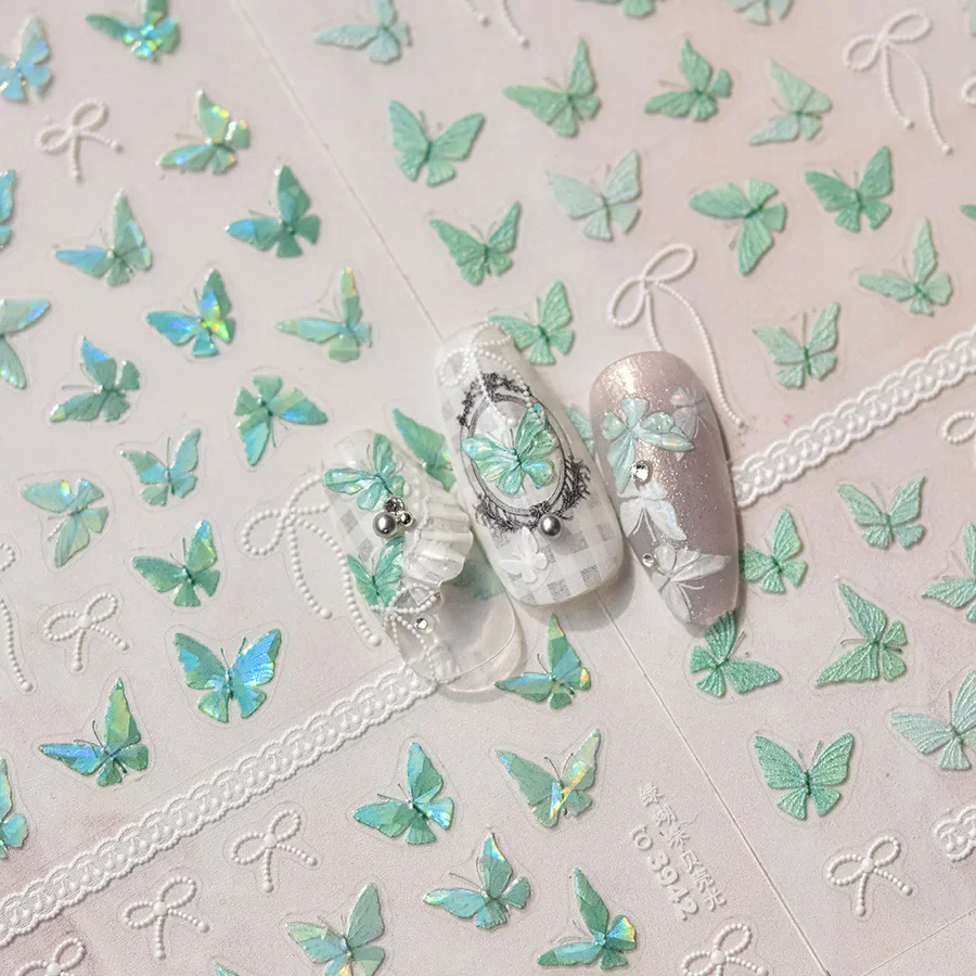 1szt 5D Kawaii Green Butterfly Nail Art Stickers Cartoon Japanese Relief Glitter Adhesive Nail Decoration Decals Akcesoria