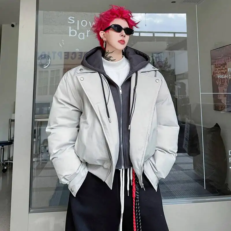 Niche Design Men's Cotton Jackets Hooded Fake Two-piece Contrast Color Drawstring Patchwork Zipper Male Padded Coats VFG6