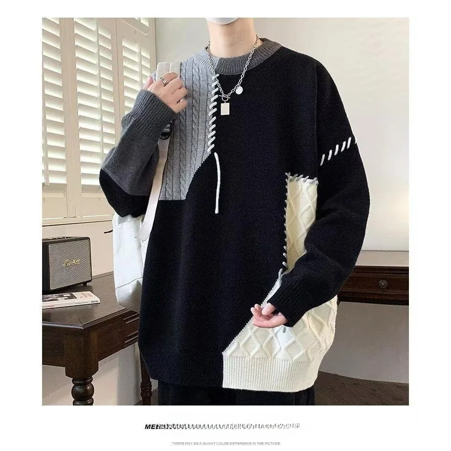 

Мужской вязаный свитер на подкладке Fce, модный корейский свитер, осень-зима, молодежный студенческий базовый слой, повседневный свободный крой