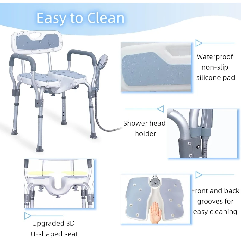 كرسي استحمام BiJun للاستحمام الداخلي، مقعد دش مطور على شكل حرف U كرسي دش عالي التحمل بأذرع وظهر بسعة 400 رطل