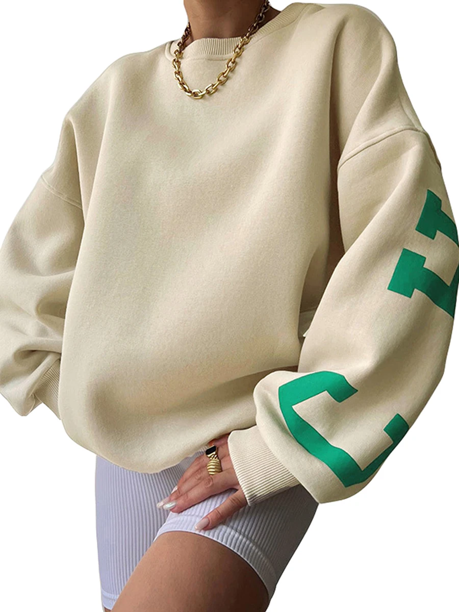 Women Oversized Loose Hoodie Sweatshirt Letter Print Crewneck Thickened Long Sleeve Pullover y2k Drop Shoulder Tops Streetwear