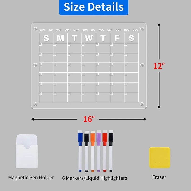 Calendrier Magnétique Transparent pour Réfrigérateur, Effaçable à Sec, 16x12 Pouces, 1 Ensemble