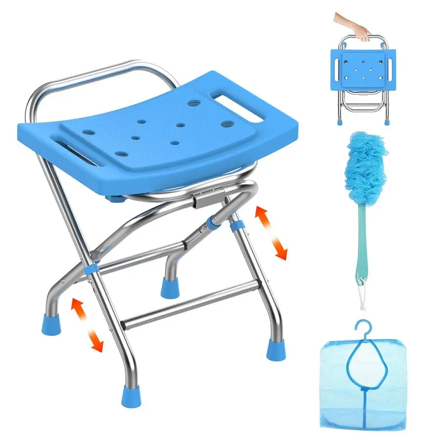 Adjustable Folding Shower Chair Seat, Stainless Steel Shower Chair for Inside Shower w Crossbar, 420LB Portable Travel Shower St