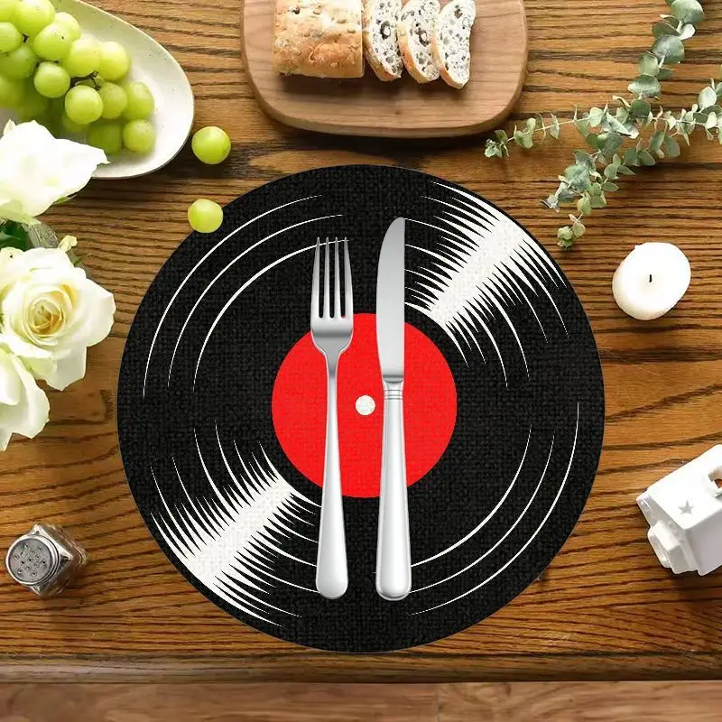 VIKAMA Classic Vinyl Record Red Center Round Placemats Retro Music Heat Resistant Washable Bar Kitchen Table Decor Mat