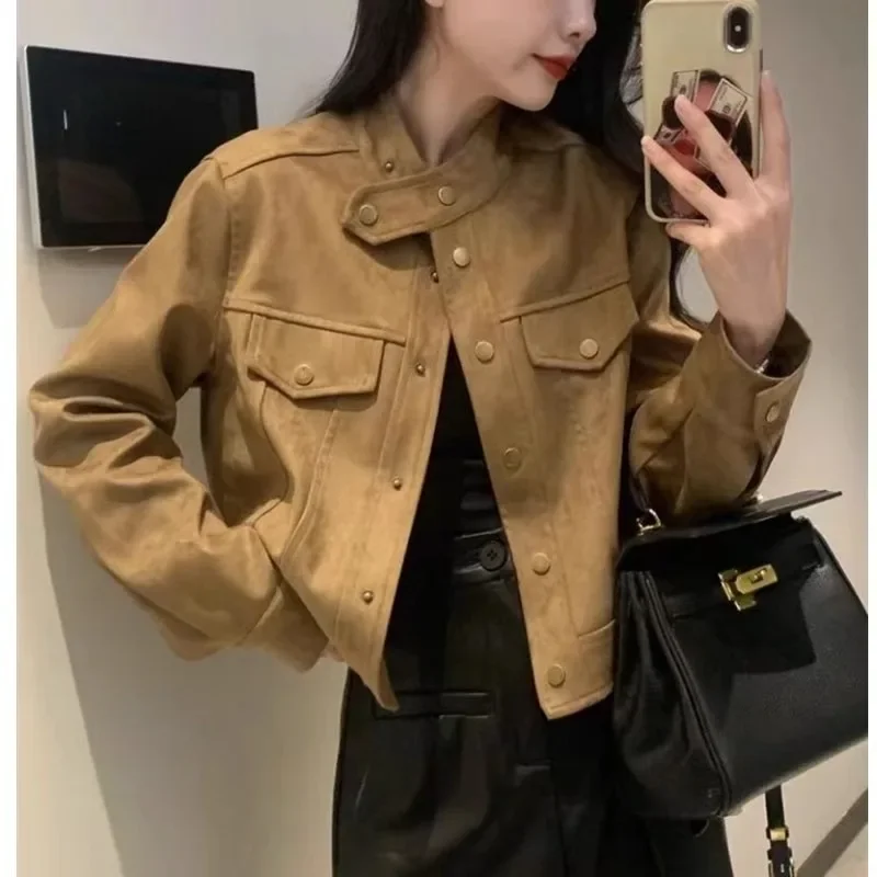 Women's Autumn Suede Jackets New Fashion Elegant Women's Slim Button Jackets Korean Street Casual Outerwear Streetwear